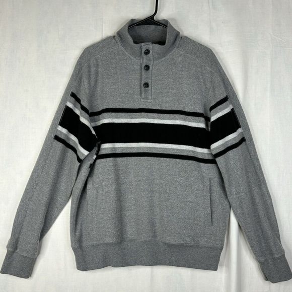 Chaps Sweater Mens Large Gray Black Stripe 1/4 Button Neck Pockets‎ Sweatshirt - Picture 4 of 16